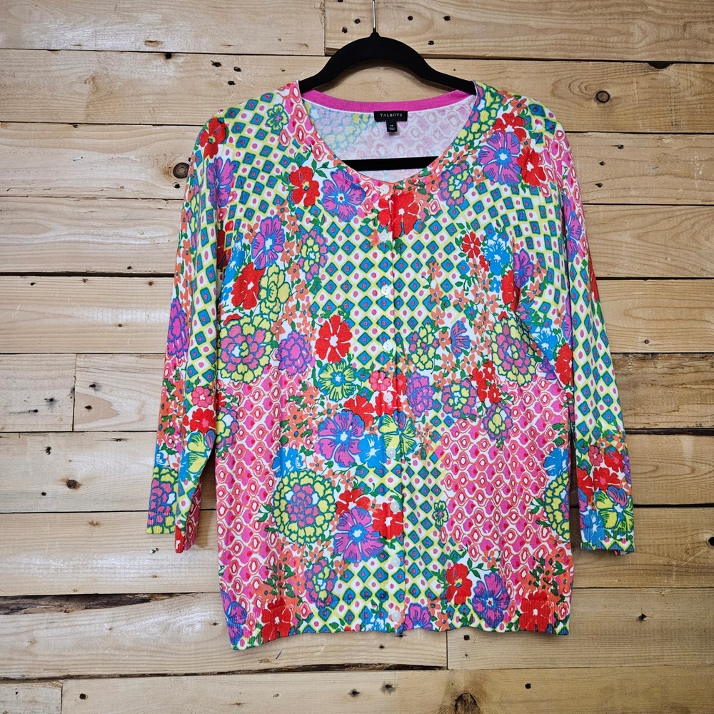 Talbots Womens Floral Geometric Patchwork Cardigan Sweater Multi Color Size M
